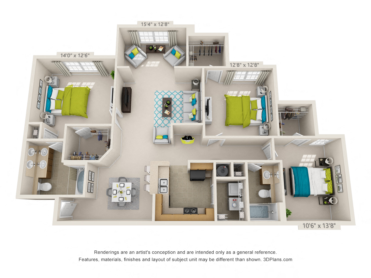 Floor plan for 3 beds, 2 baths, 1412 sqft
